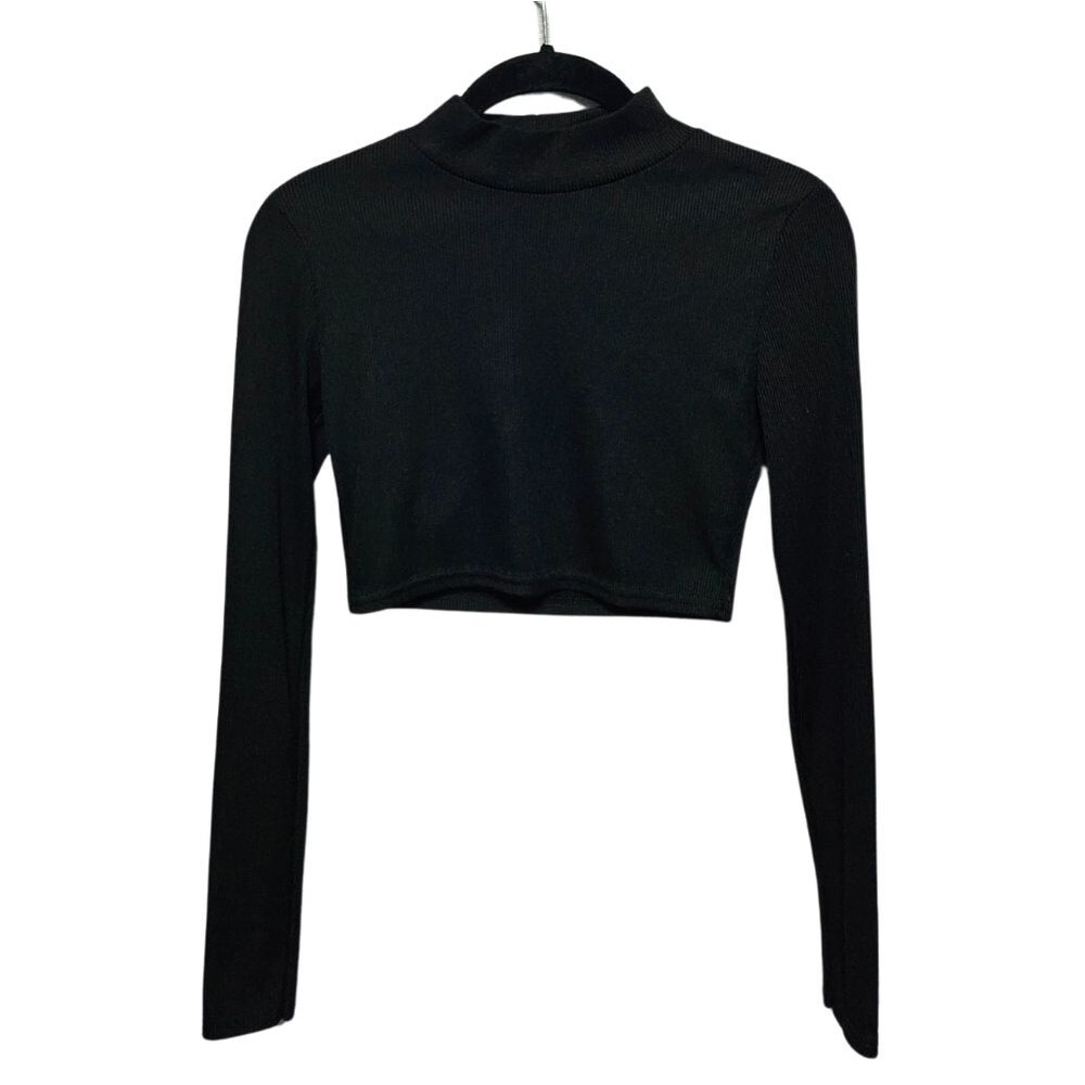 Nasty Gal Neutral Minimalist Ribbed Mock Neck Black Longsleeve Crop Shirt Size 2